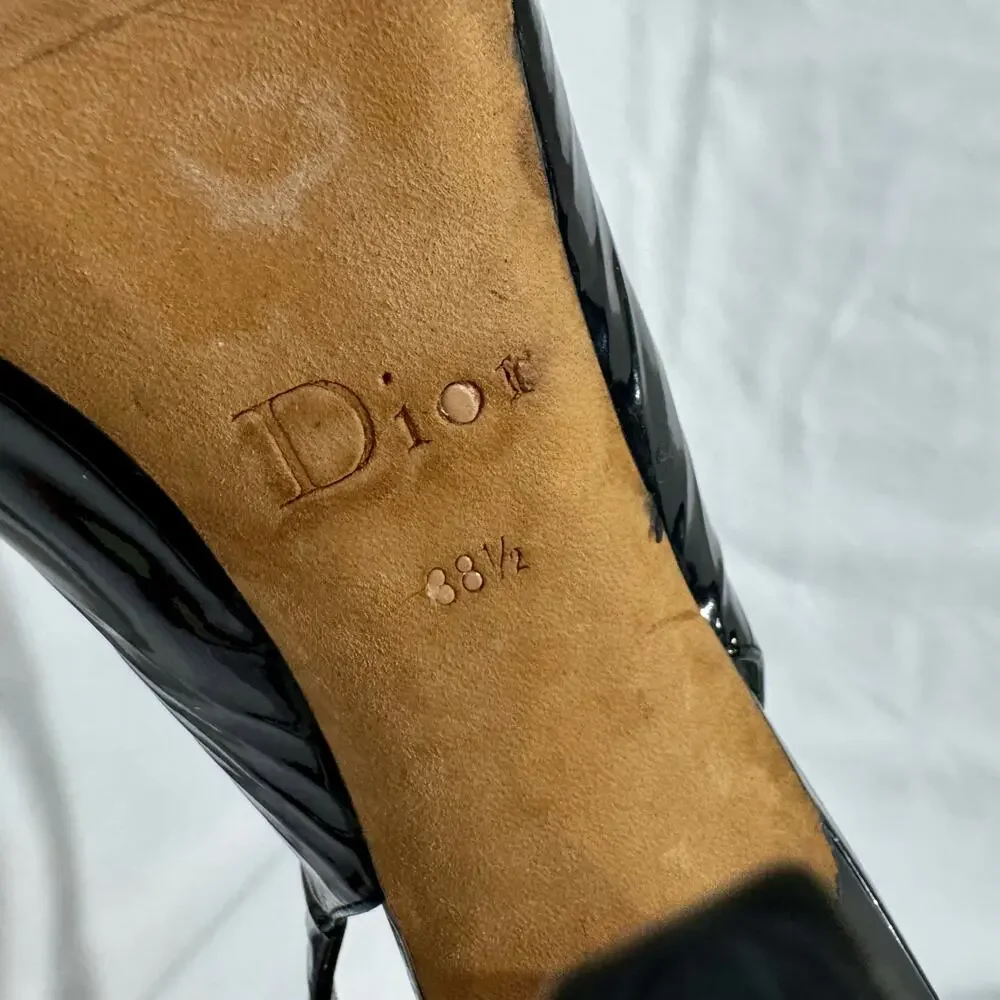 Christian Dior Black Patent Leather Peep Toe Slingback Heel Single Shoe 38.5